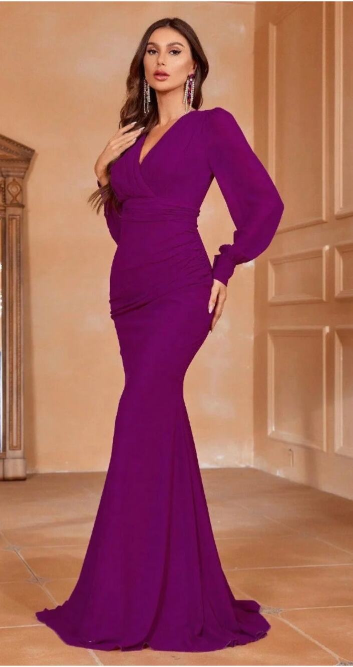 Faeriesty Surplice Neck Lantern Sleeve Chiffon Mermaid Dress in Purple sz Medium